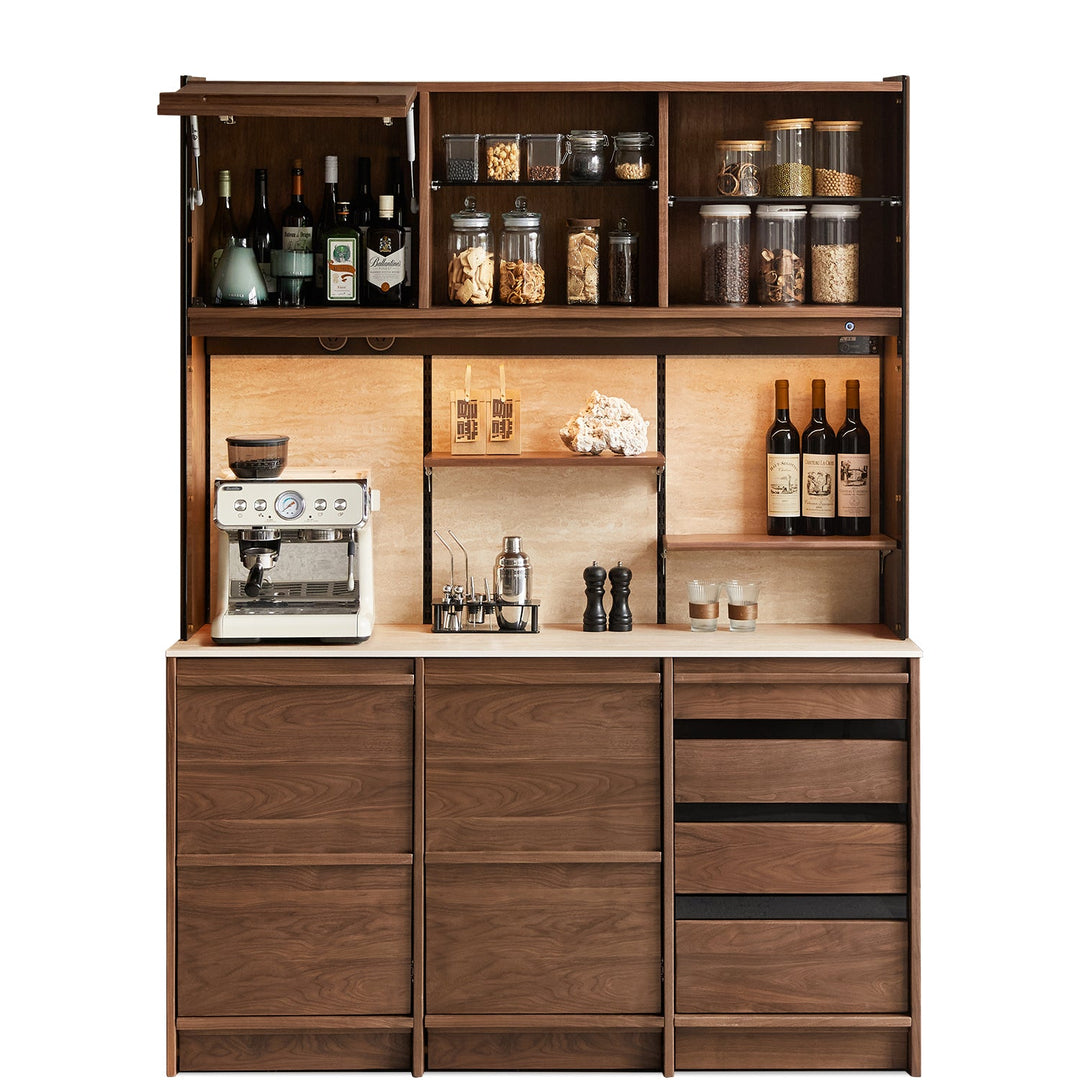 Japandi walnut wood sintered stone storage side cabinet axis detail 1.