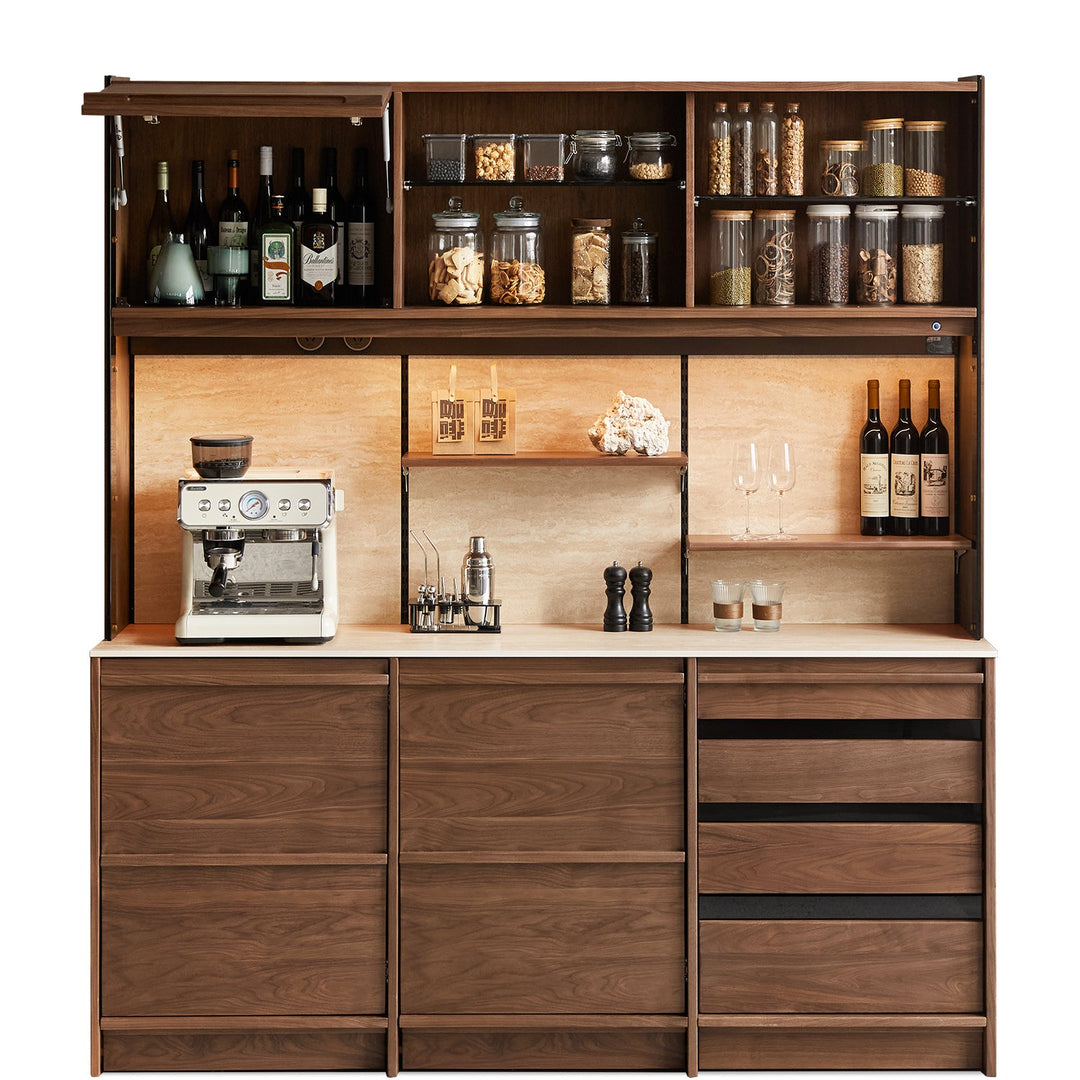 Japandi walnut wood sintered stone storage side cabinet axis detail 2.