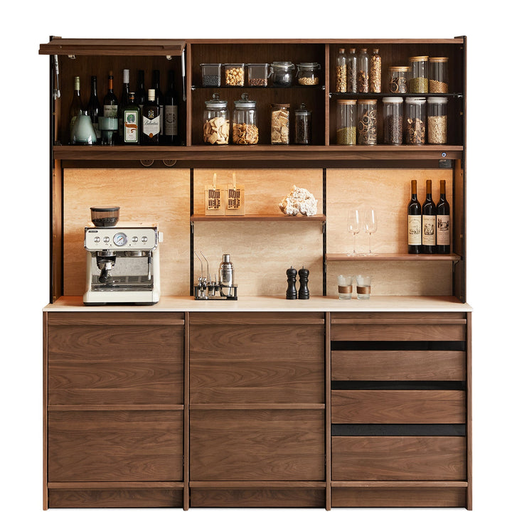 Japandi walnut wood sintered stone storage side cabinet axis detail 2.