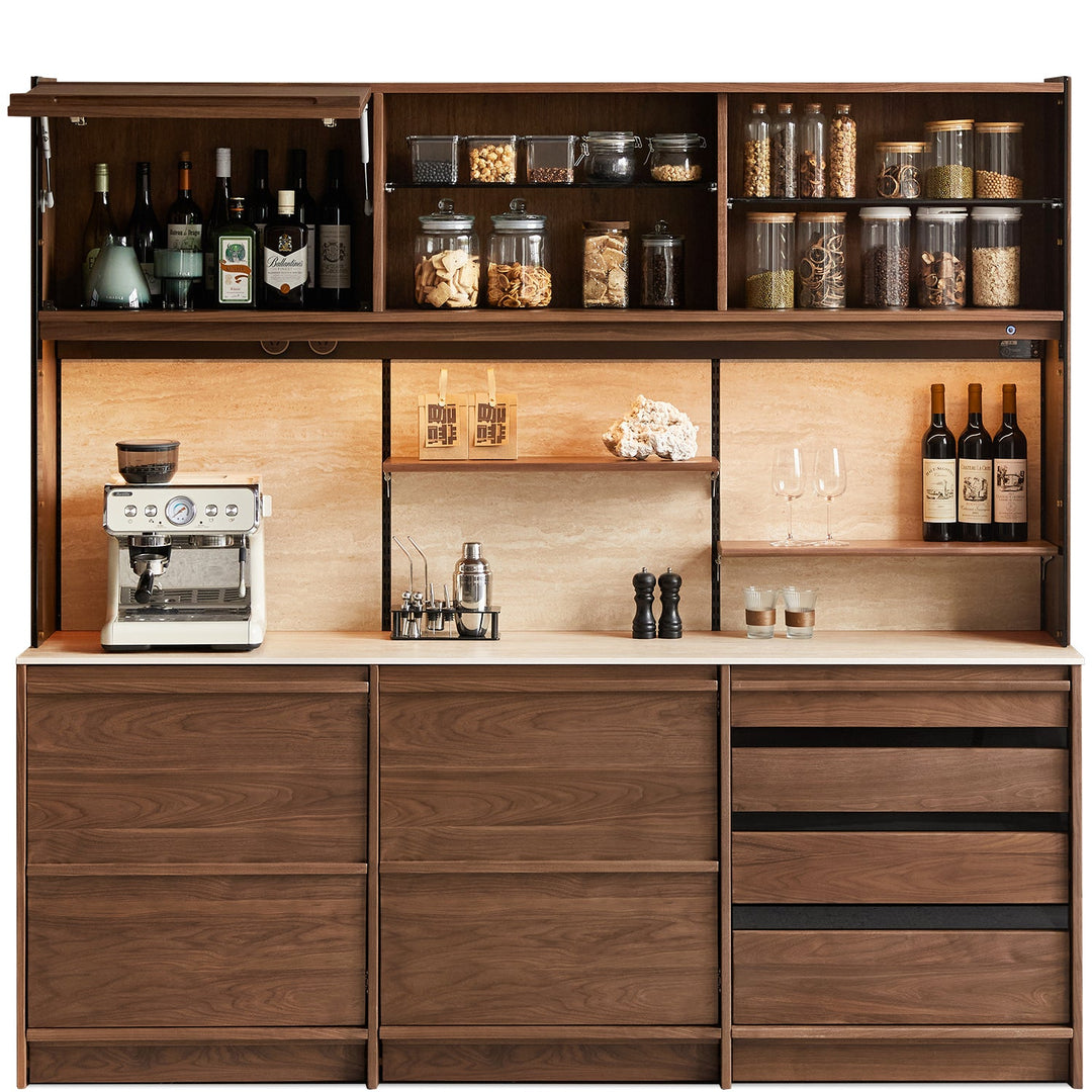 Japandi walnut wood sintered stone storage side cabinet axis in white background.