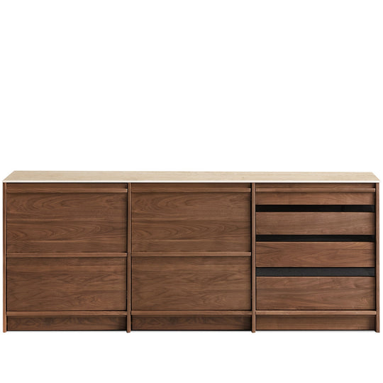 Japandi walnut wood sintered stone cabinet axis in white background.