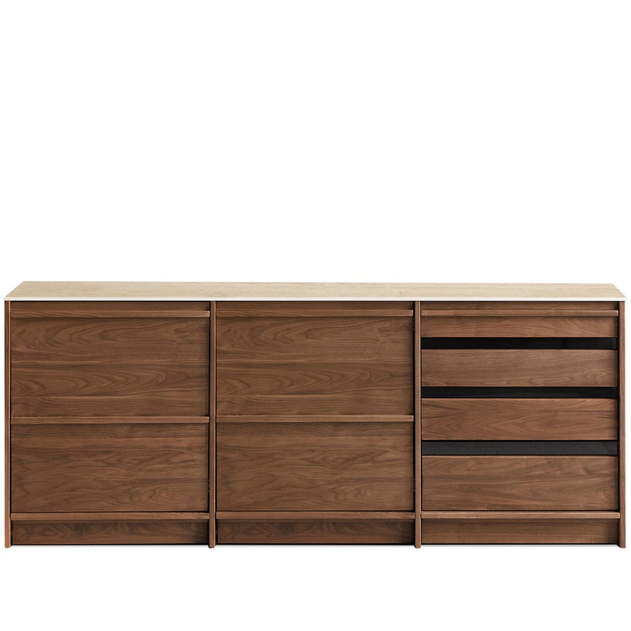 Japandi walnut wood sintered stone cabinet axis in white background.