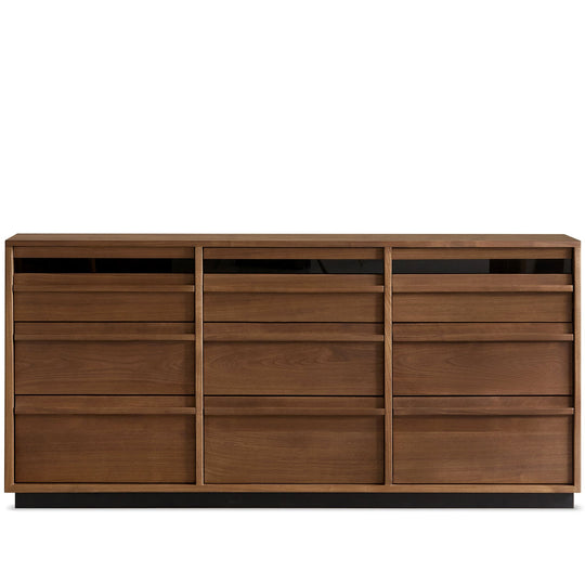 Japandi walnut wood chest of 9 drawers axis in white background.