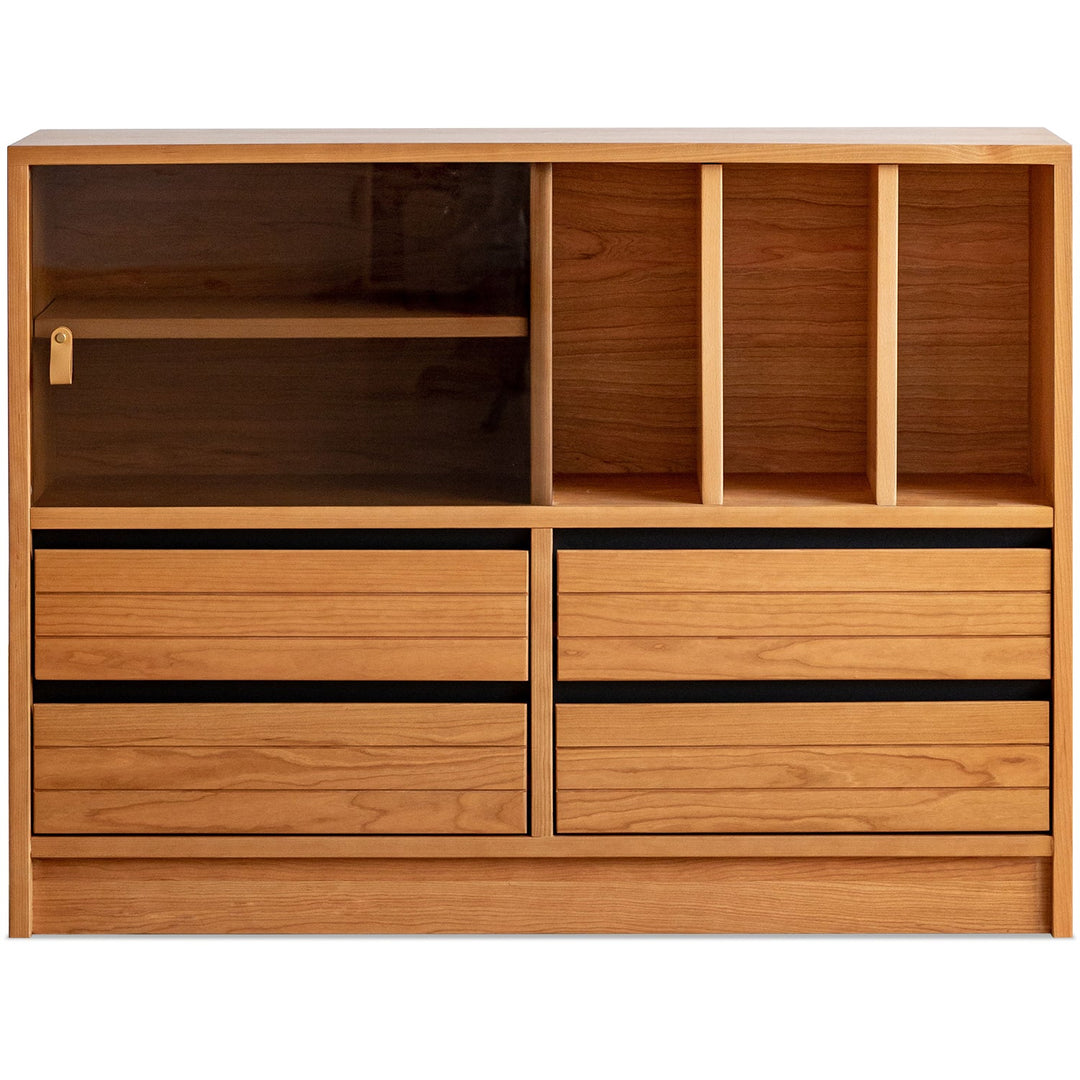 Scandinavian cherry wood modular cabinet grove in still life.
