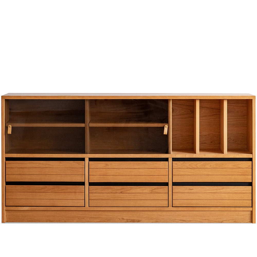 Scandinavian cherry wood modular cabinet grove in white background.