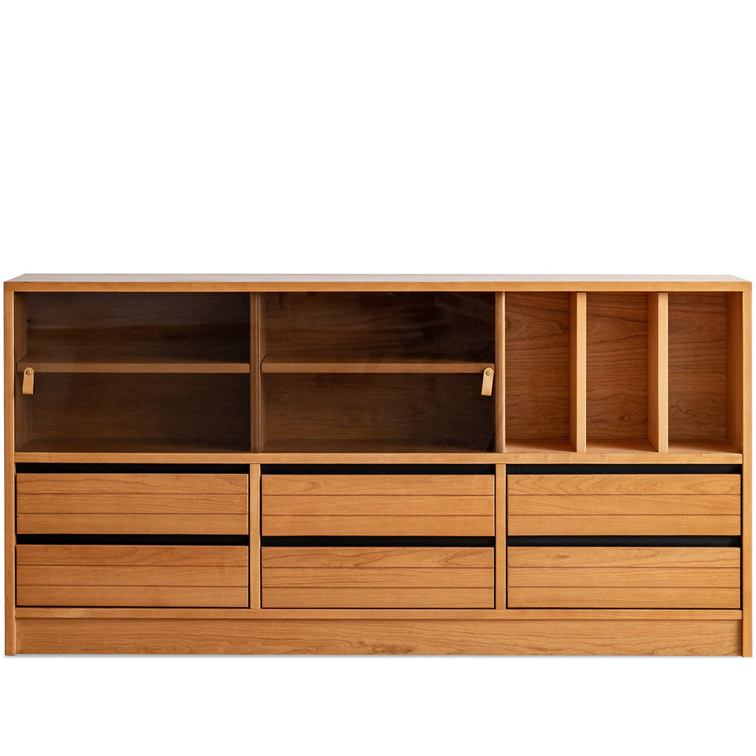 Scandinavian cherry wood modular cabinet grove in white background.