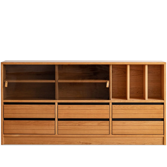 Scandinavian cherry wood modular cabinet grove in white background.