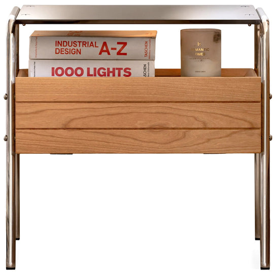 Bauhaus cherry wood side table mirror lake in white background.