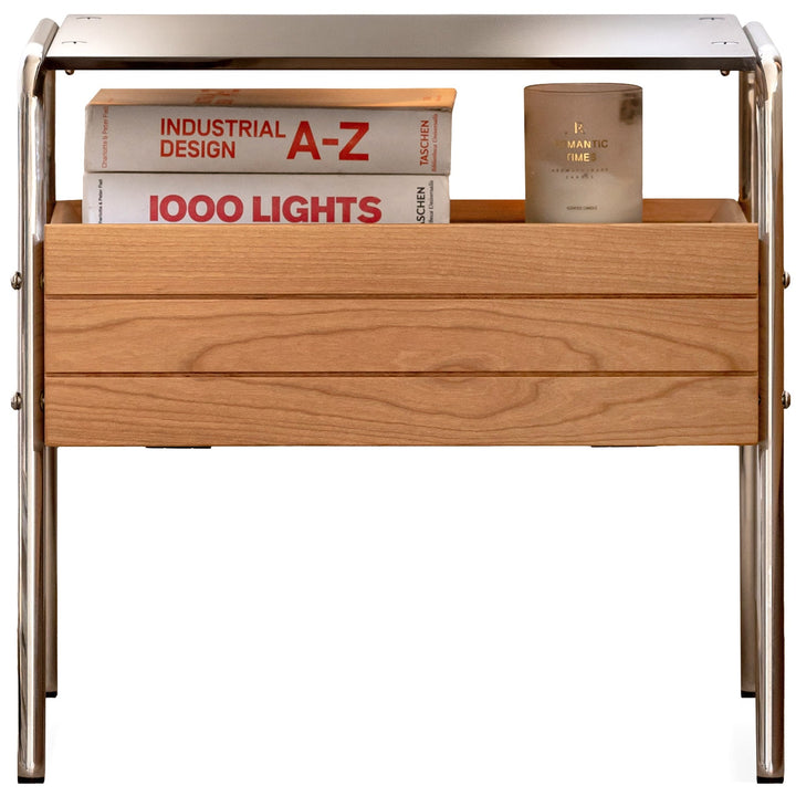 Bauhaus cherry wood side table mirror lake in white background.