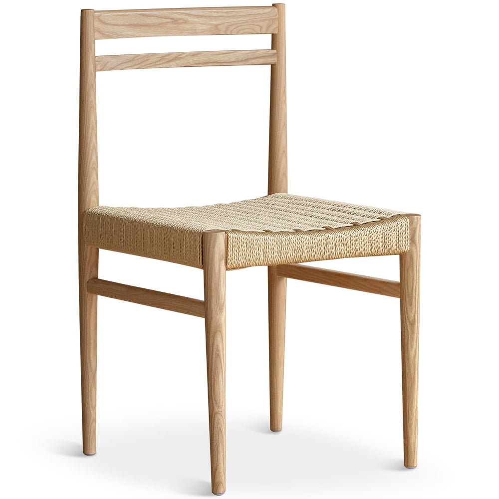 Bauhaus ash wood woven rope dining chair moore in white background.