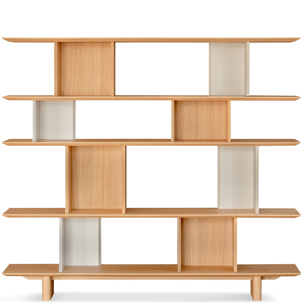 Minimalist oak wood veneer shelf berg in white background.