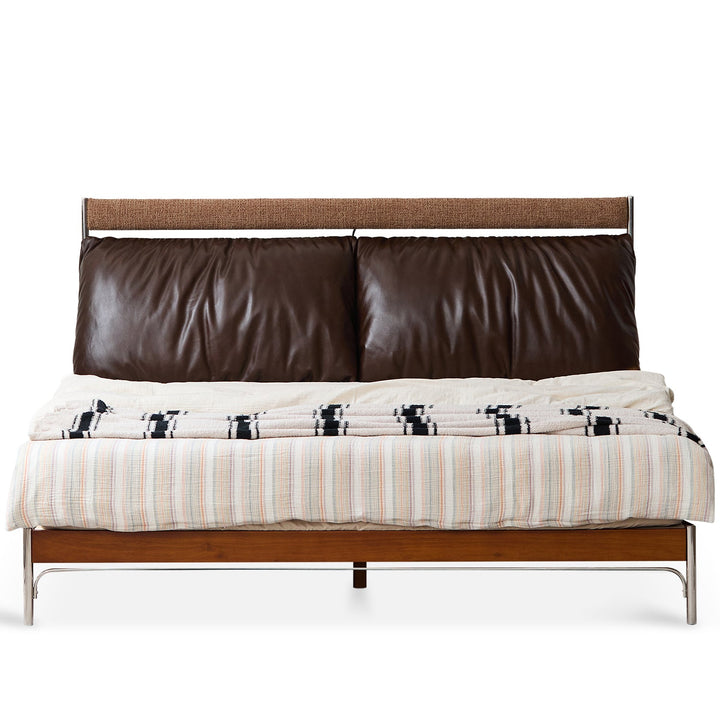 Bauhaus genuine leather bed supple brown in white background.
