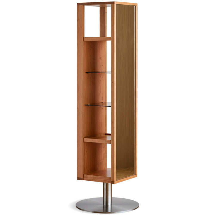 Scandinavian cherry wood revolving shelf with mirror timeless in white background.
