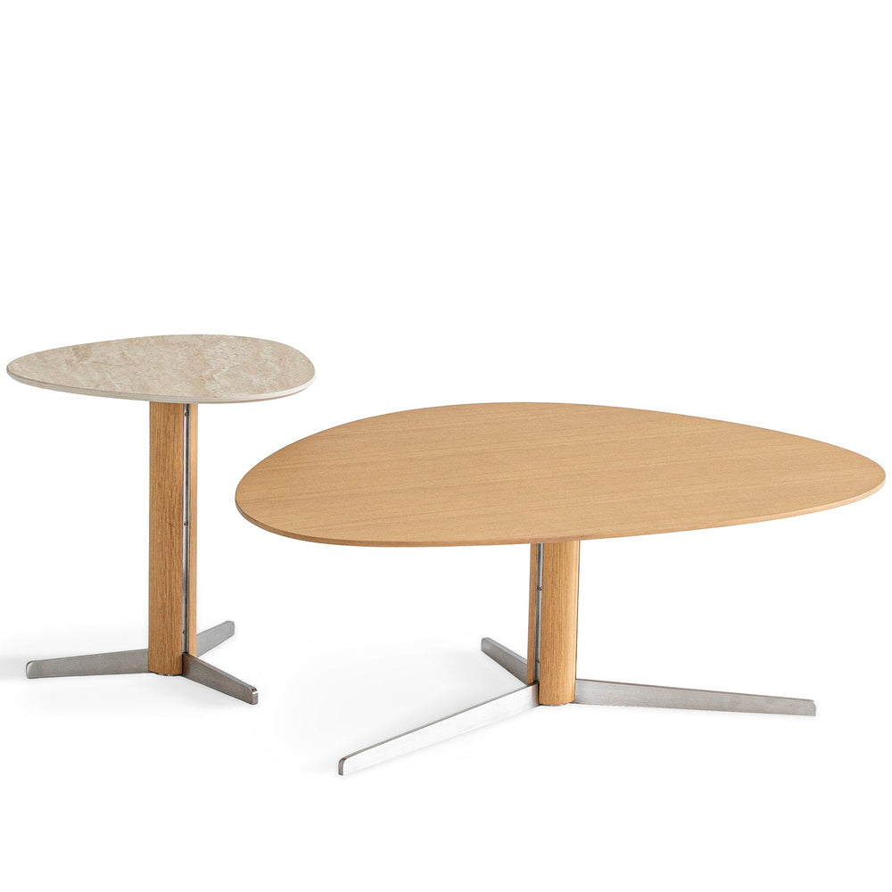 Minimalist oak wood veneer sintered stone coffee table set sol in white background.