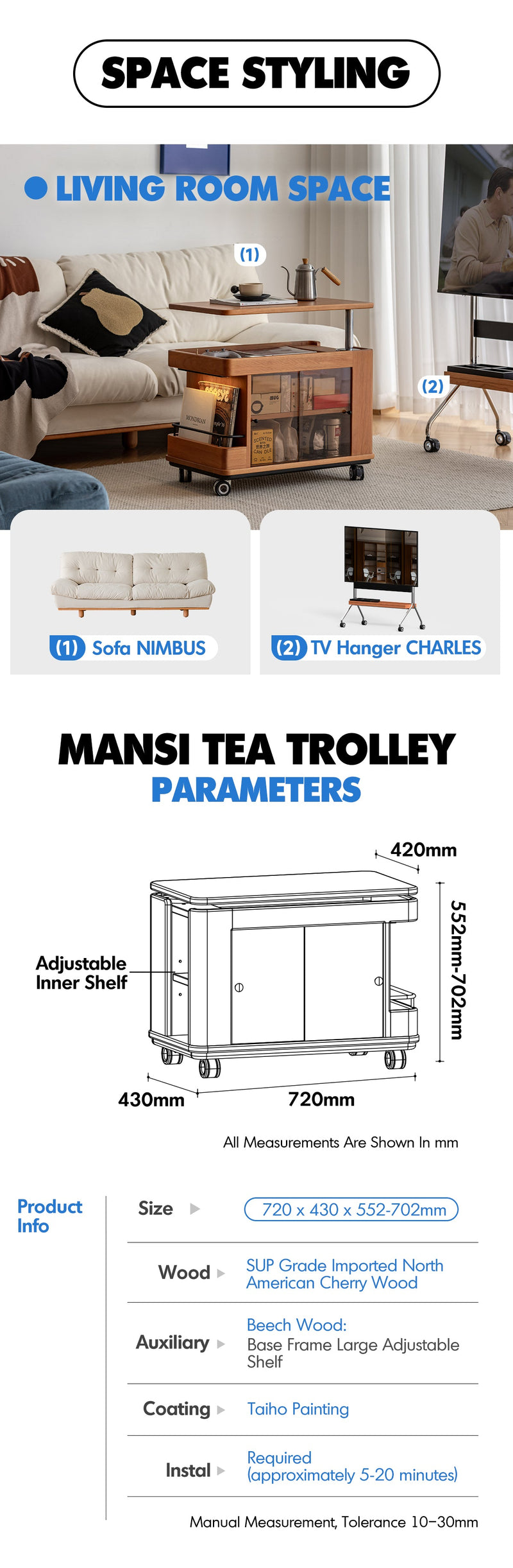 Scandinavian Cherry Wood Wheeled Trolley Side Table DRIFT More Details and Instruction_9