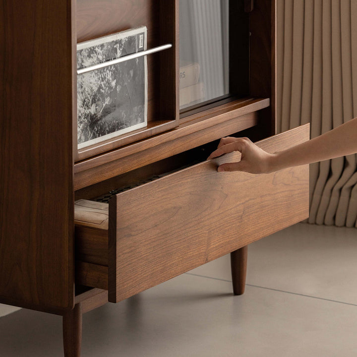 Vintage walnut wood side cabinet vista in details.