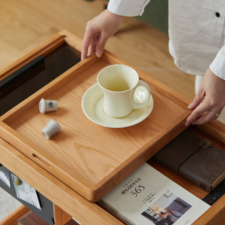 Scandinavian Cherry Wood Wheeled Trolley Side Table POCKET