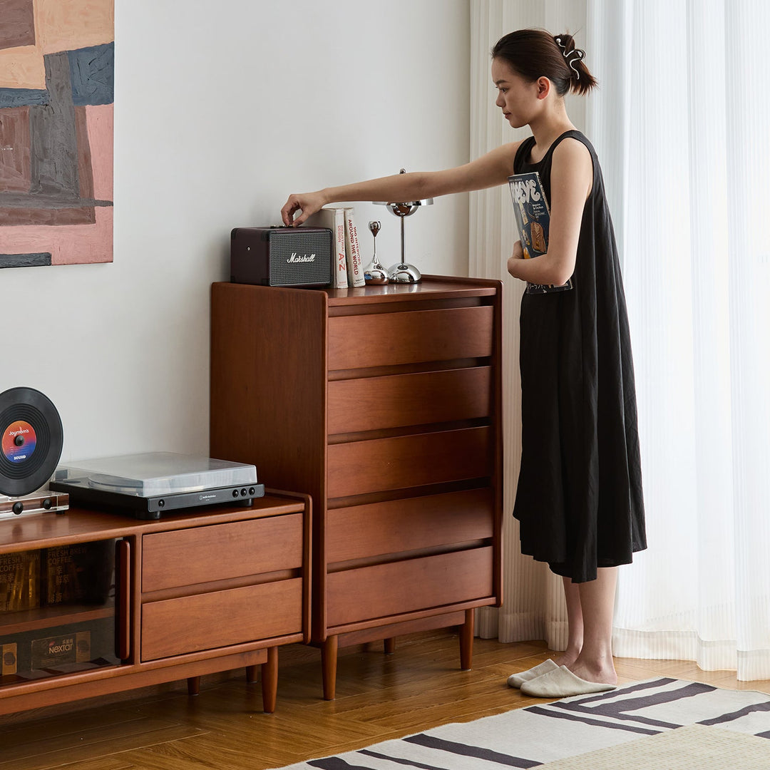 Vintage boxwood chest of drawers vista in close up details.