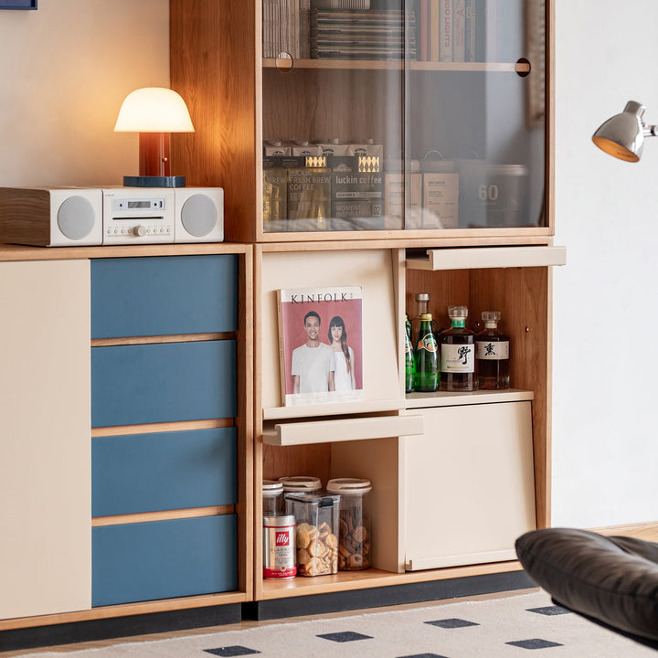 Scandinavian cherry wood modular cabinet time in close up details.