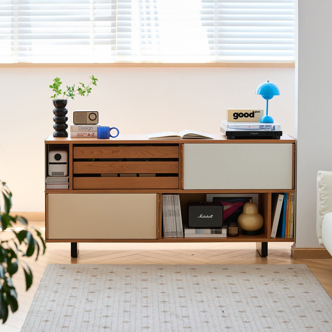 Scandinavian cherry wood side cabinet timeless layered structure.