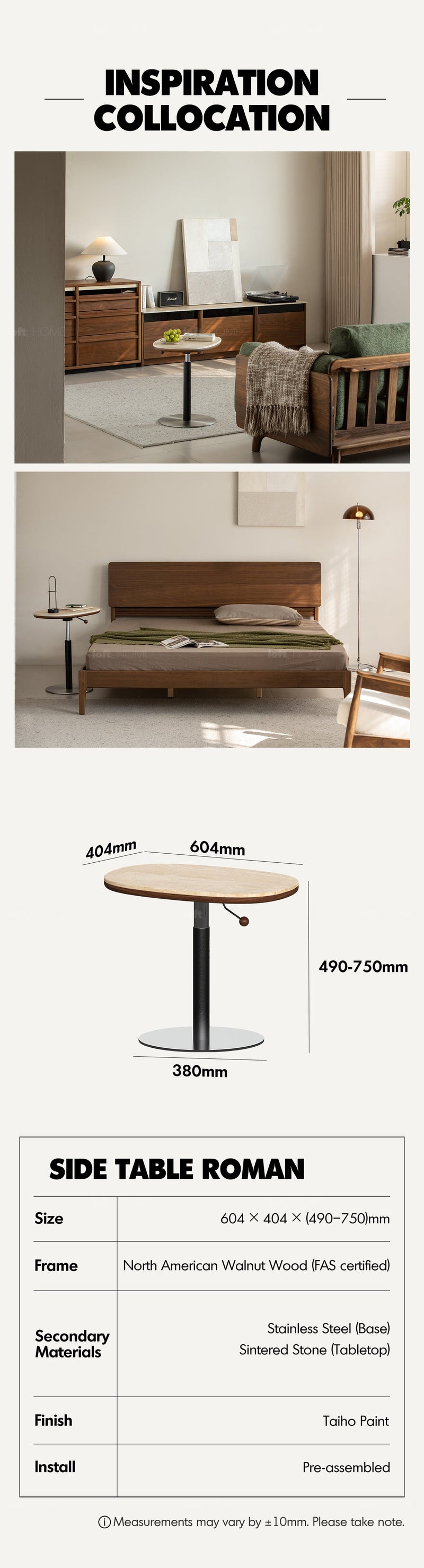 Japandi Sintered Stone Walnut Wood Height Adjustable Side Table ROMAN More Details and Instruction_8