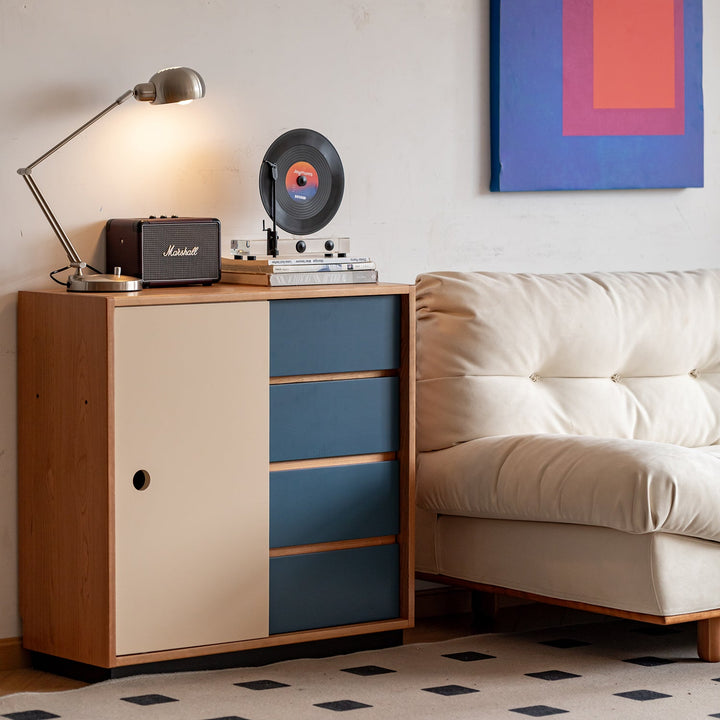Bauhaus cherry wood modular cabinet time in panoramic view.