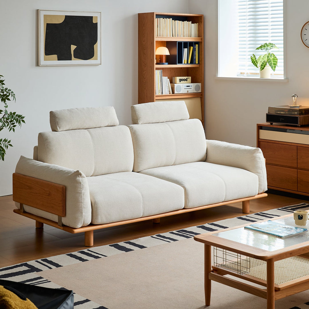 Scandinavian mixed weave fabric 3 seater sofa bessen in panoramic view.