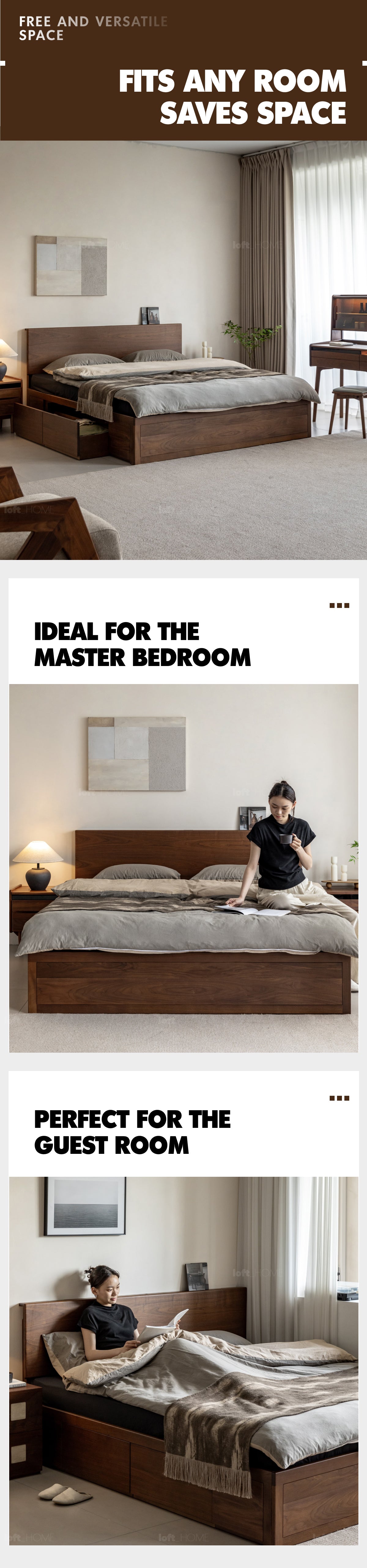 Japandi Walnut Wood Lift-Up Storage Bed With Drawer KANGAROO More Details and Instruction_9