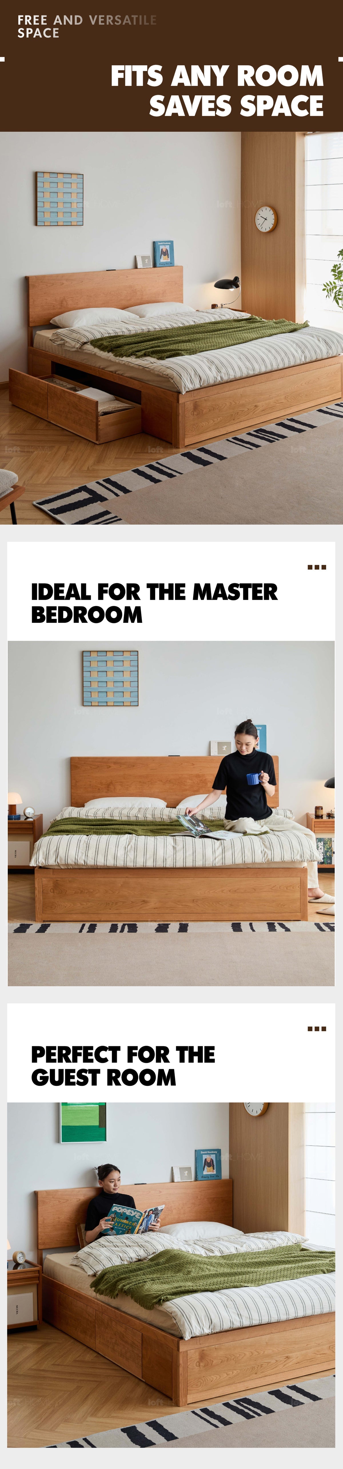 Scandinavian Cherry Wood Lift-Up Storage Bed With Drawer KANGAROO More Details and Instruction_9
