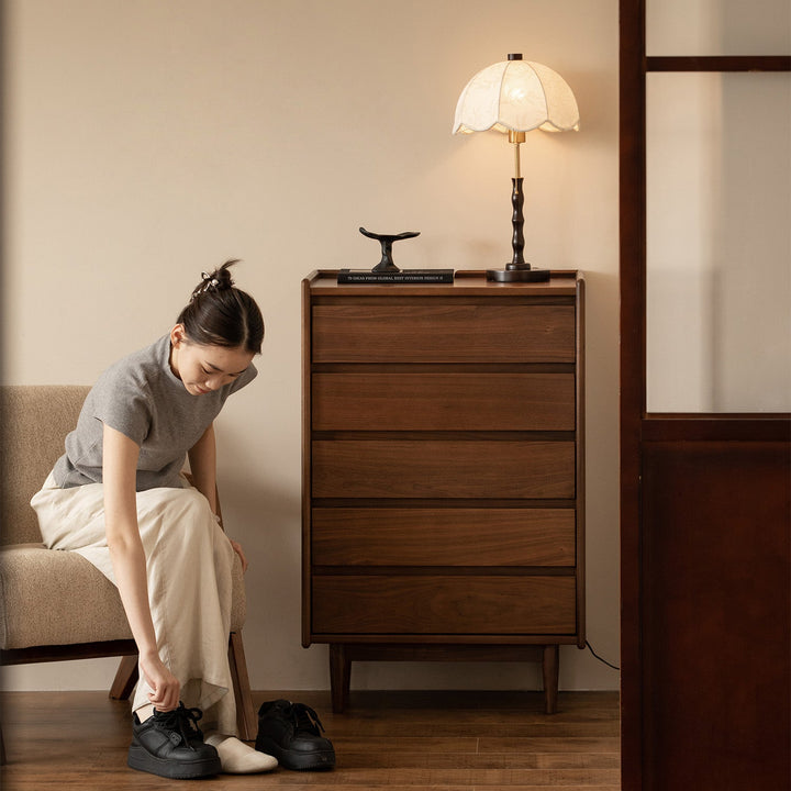 Vintage walnut wood chest of drawers vista in panoramic view.