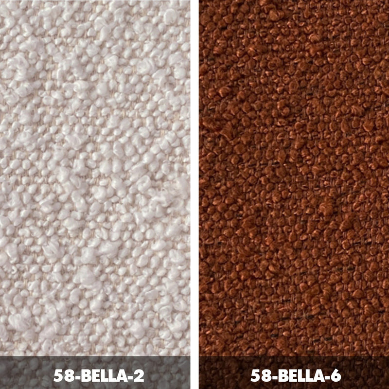 Two textured carpet samples labeled 58-Bella-2 and 58-Bella-6.