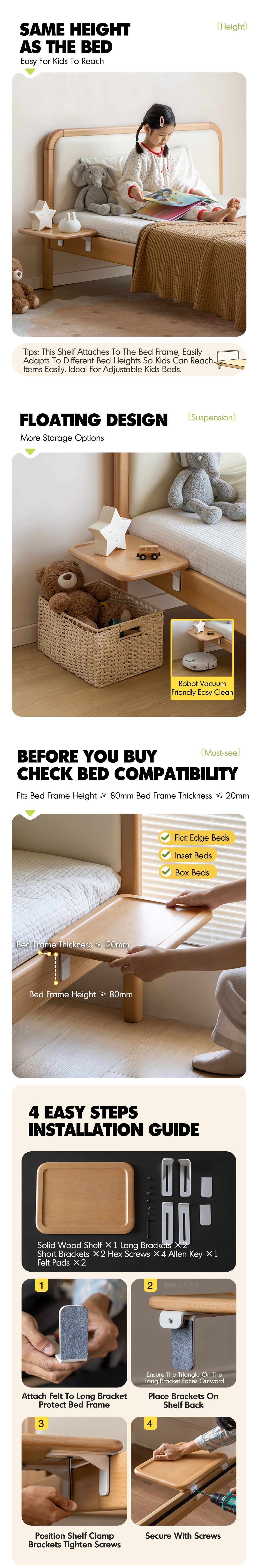 more product details and feature of Scandinavian Beech Wood Bedside Floating Shelf PLENI