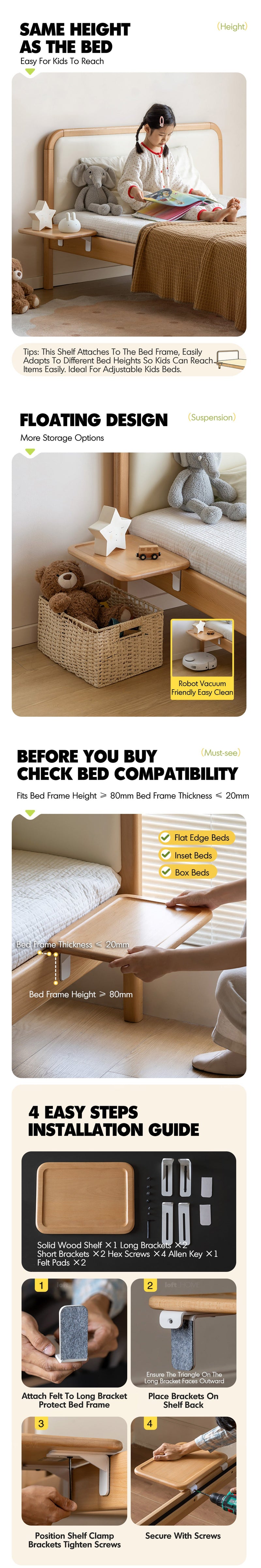 more product details and feature of Scandinavian Beech Wood Bedside Floating Shelf PLENI