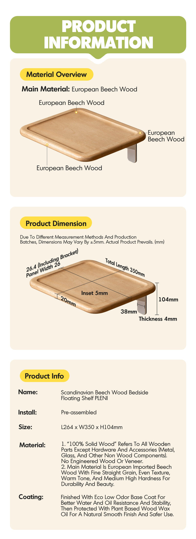 more product details and feature of Scandinavian Beech Wood Bedside Floating Shelf PLENI