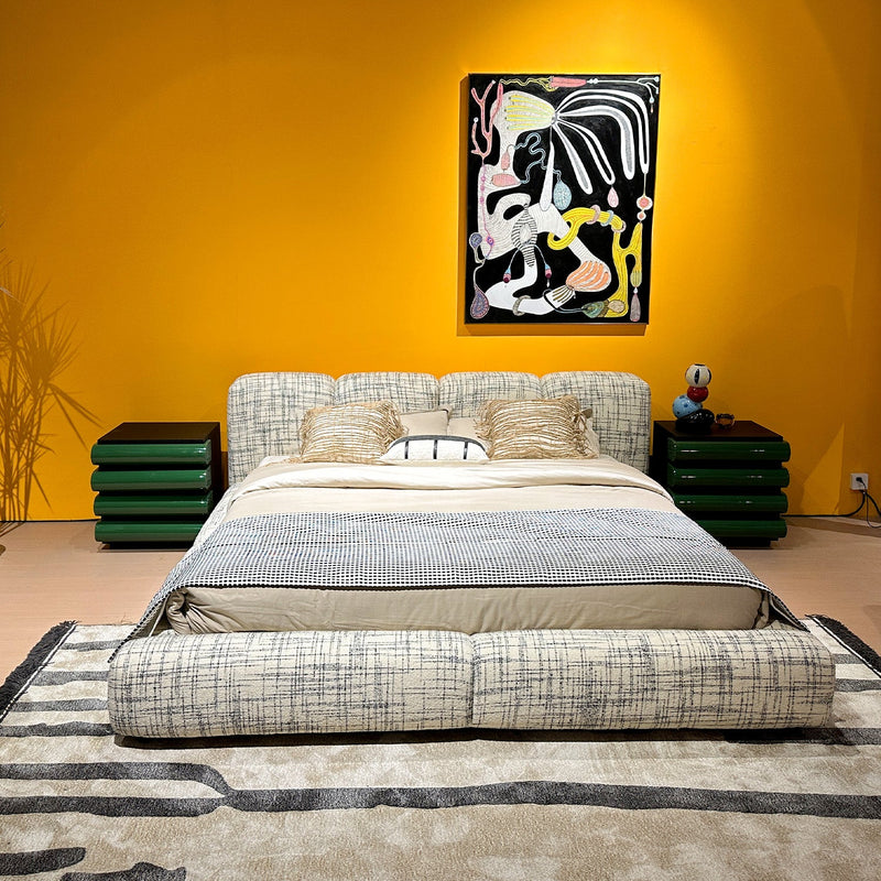Bauhaus mixed weave fabric bed jannik in close up details.