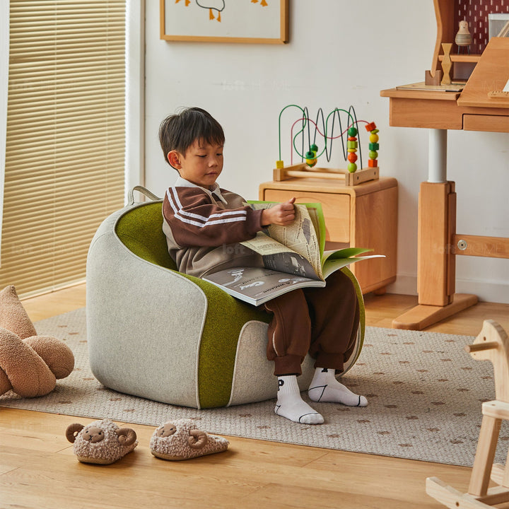 Bauhaus wool fabric kids 1 seater sofa avocado detail 6.