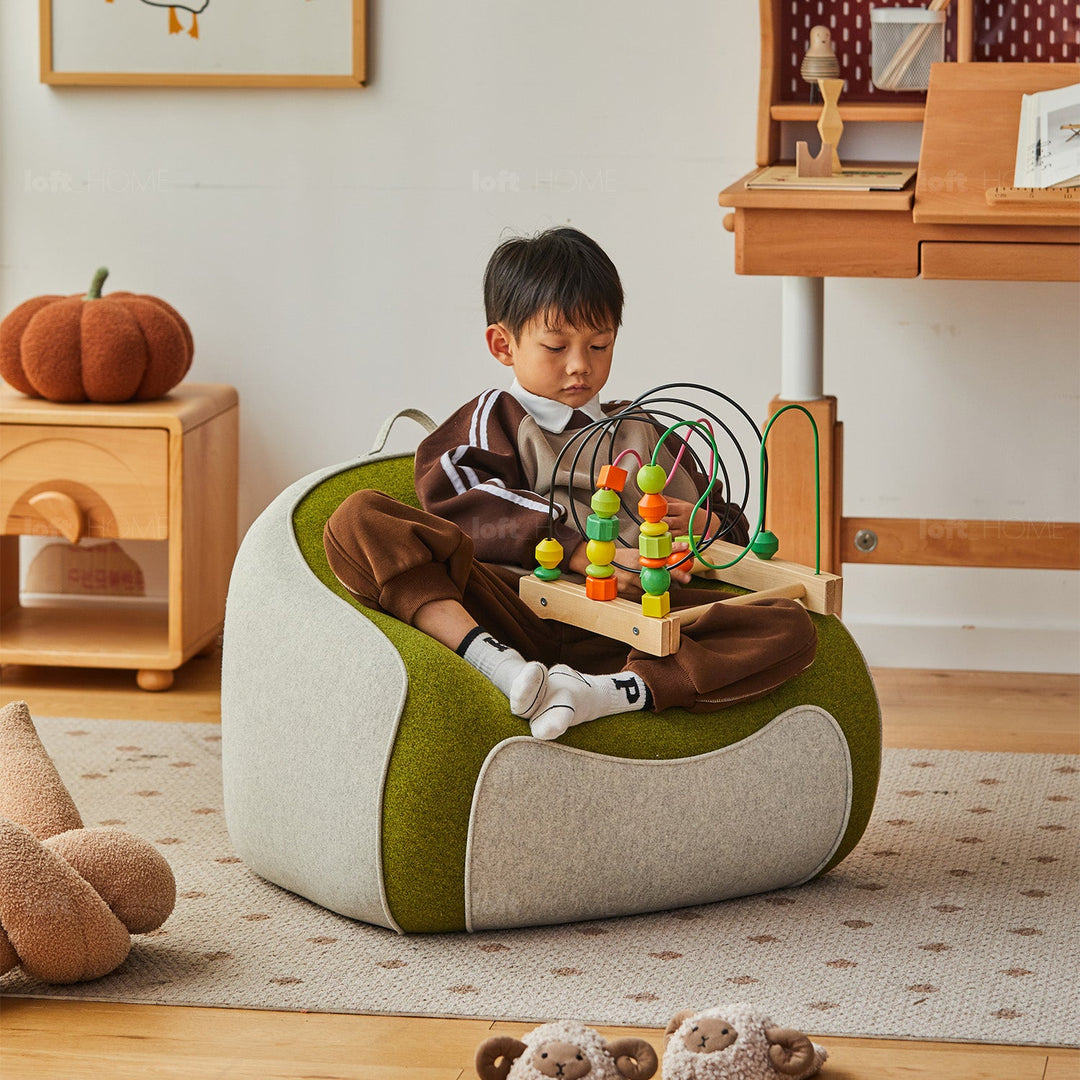 Bauhaus wool fabric kids 1 seater sofa avocado detail 7.