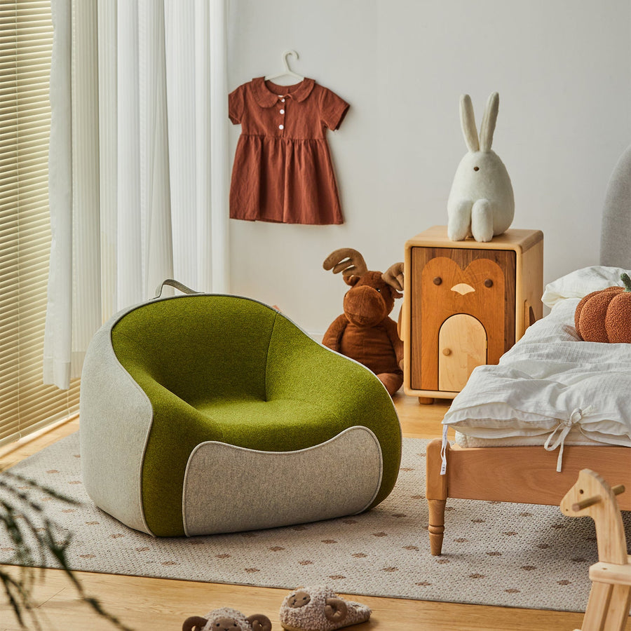 Bauhaus wool fabric kids 1 seater sofa avocado primary product view.