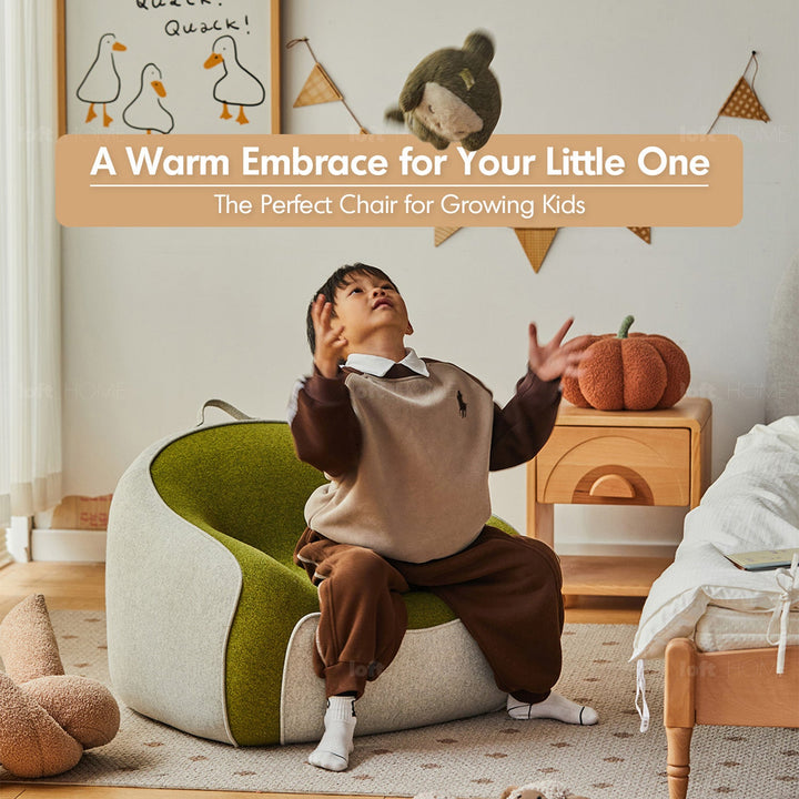 Bauhaus wool fabric kids 1 seater sofa avocado color swatches.