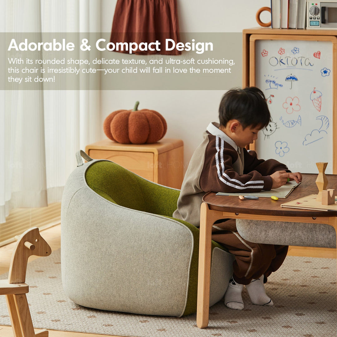 Bauhaus wool fabric kids 1 seater sofa avocado material variants.