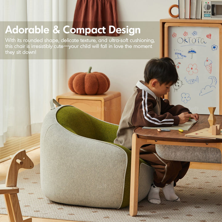 Bauhaus wool fabric kids 1 seater sofa avocado material variants.