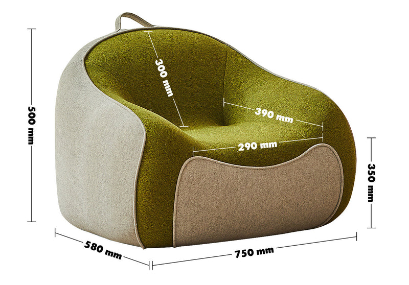 Bauhaus Wool Fabric Kids 1 Seater Sofa AVOCADO Size Chart