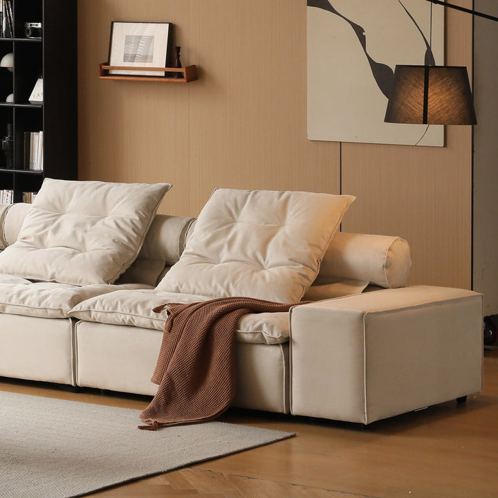 Modern suede fabric modular sectional 4 seater sofa bloom in still life.
