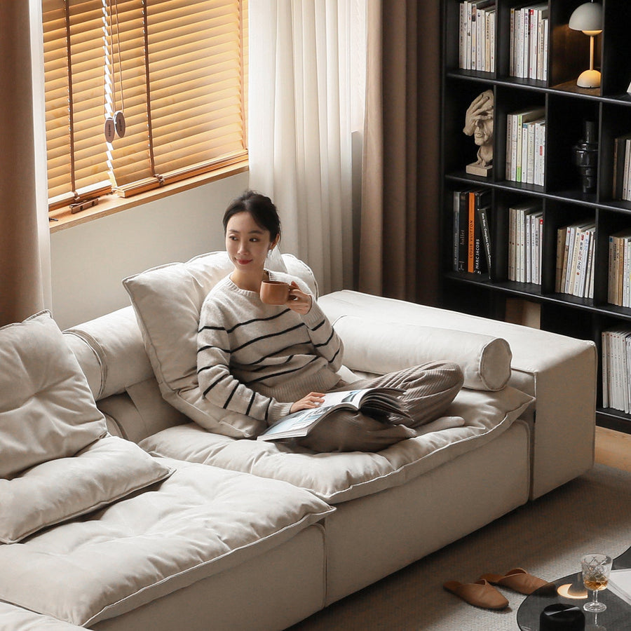 Contemporary suede fabric modular sectional 4 seater sofa bloom primary product view.