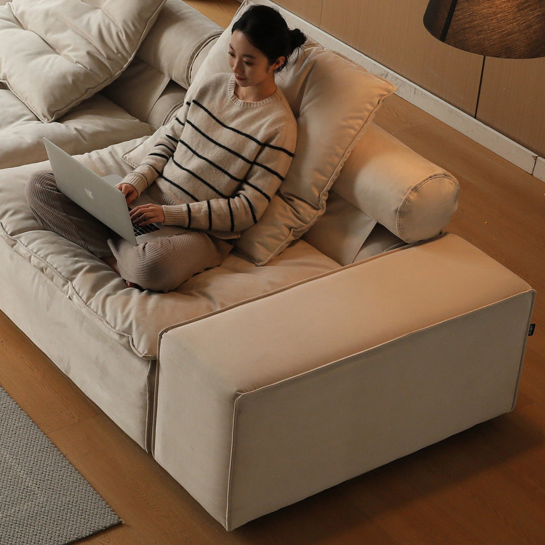 Modern suede fabric modular sofa armrest bloom color swatches.