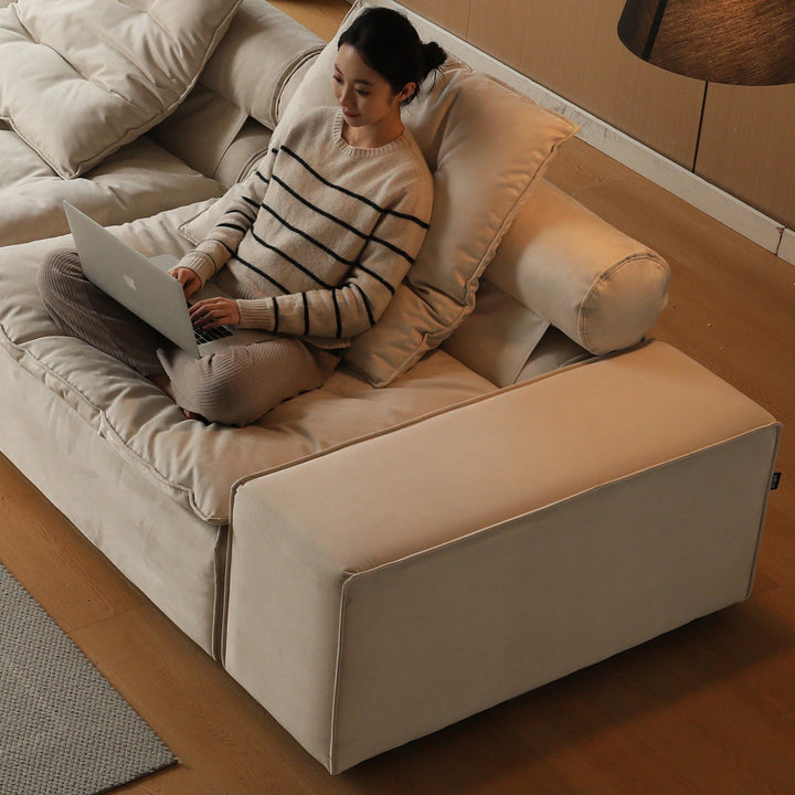 Modern suede fabric modular sofa armrest bloom color swatches.