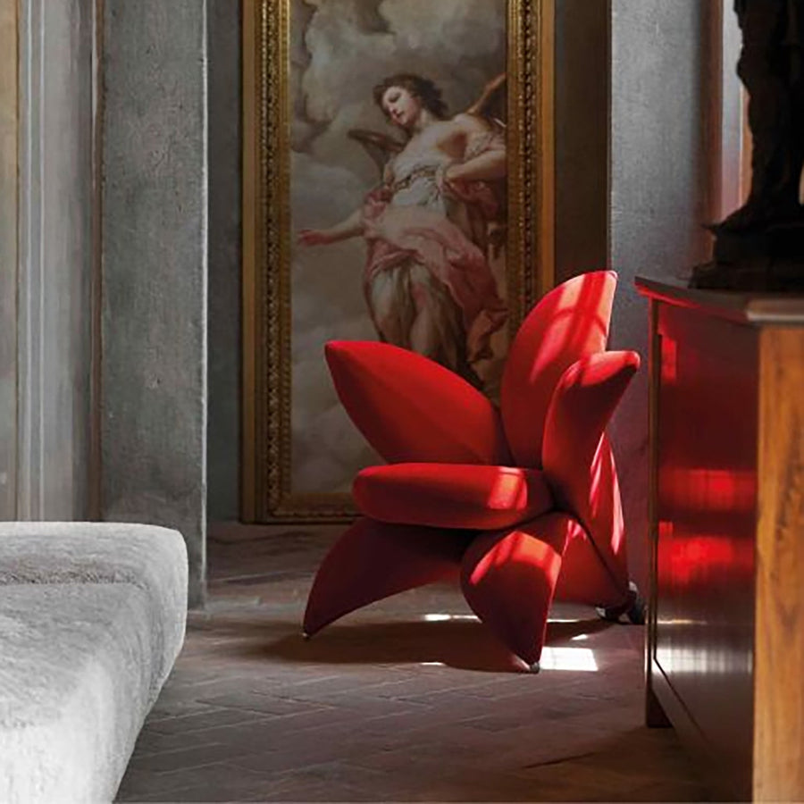 Red flower-shaped chair in a room with classical painting and wooden furniture,71-Getsuen-Red