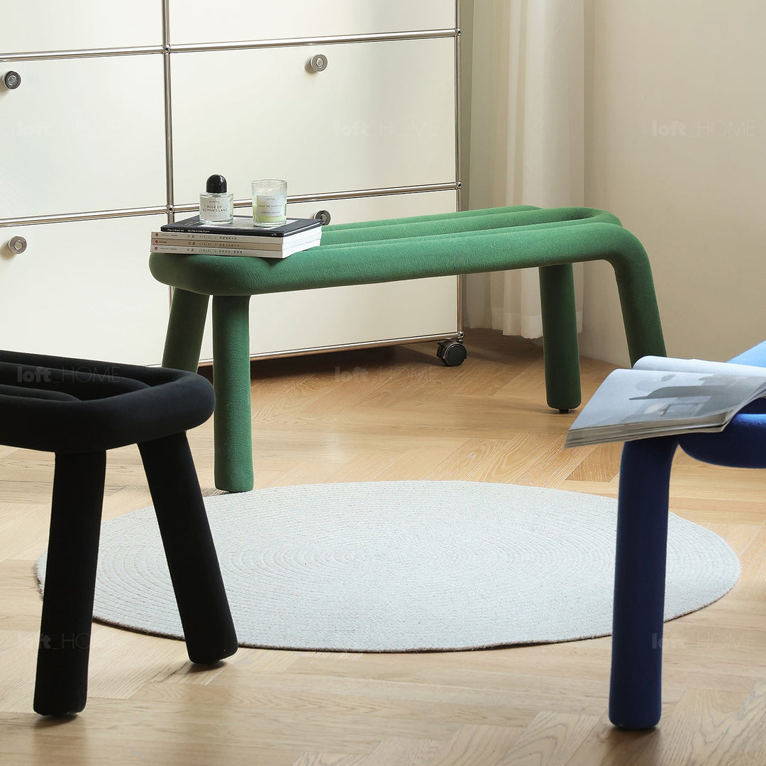 Bauhausvelvet fabric dining bench bold in white background.