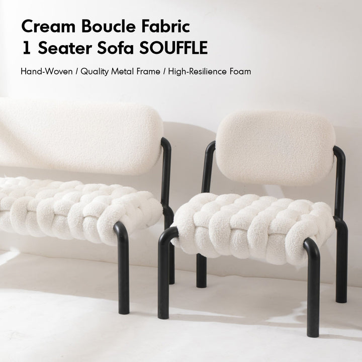 Cream Boucle Fabric 1 Seater Sofa SOUFFLE