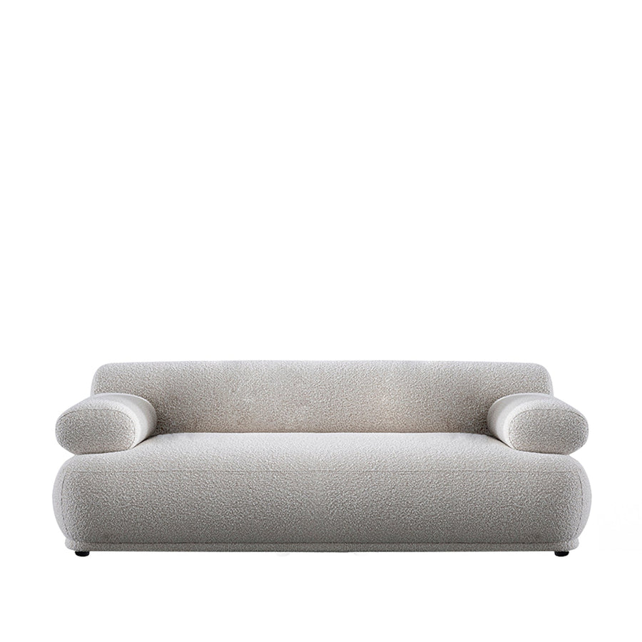 Cream boucle fabric 2 seater sofa mochi in white background.